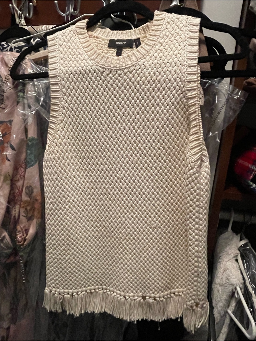 Theory Cream Sleeveless Crewneck Fringed Knit Top